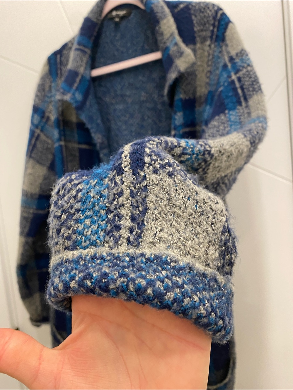 Lily Morgan L Blue Gray Plaid Open Front Coatigan | Oversized Chunky Knit - Picture 9 of 11